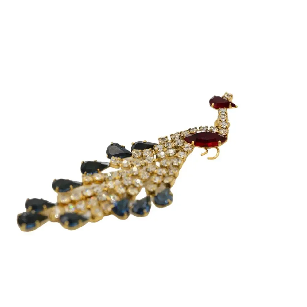 Vintage Crystal Peacock Pin Brooch Prong Blue Pink Rhinestone Gold NOS 1980s 9B